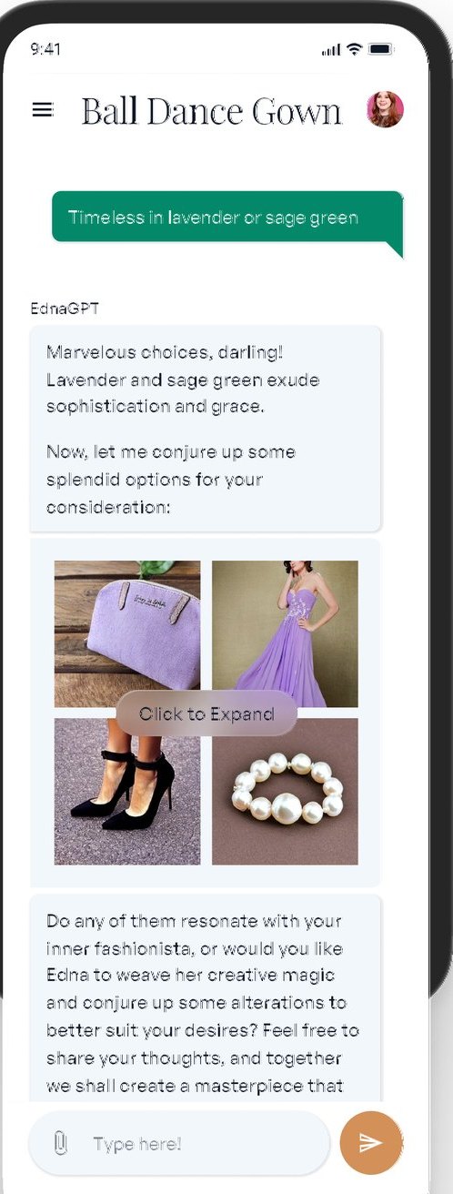 Edna's chat screen: the user asks for a ball gown in lavender or sage green and Edna replies with a look made of a gown, a bag, heels and pearls
