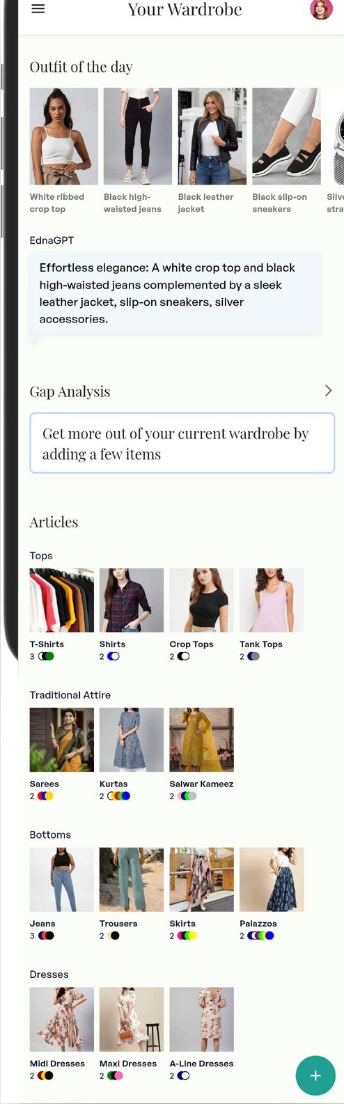 The wardrobe screen: outfit of the day, a gap analysis card and articles grouped into tops, traditional wear, bottoms and dresses