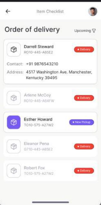 Rider app: the list of upcoming deliveries and pickups in order