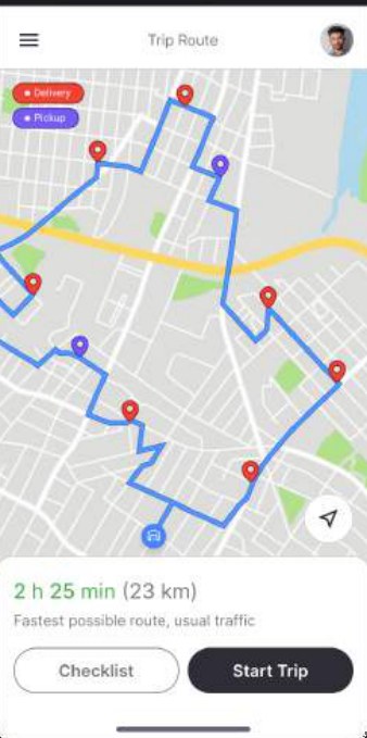 Rider app: the planned trip route on a map with delivery and pickup stops