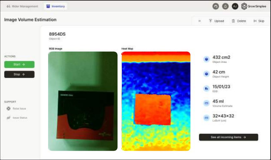 Manager dashboard: a parcel's RGB image and depth map with its measured area, height and volume