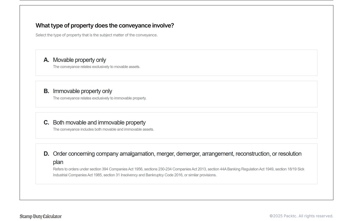 Stampez on desktop: the first question for a conveyance, asking what type of property it involves