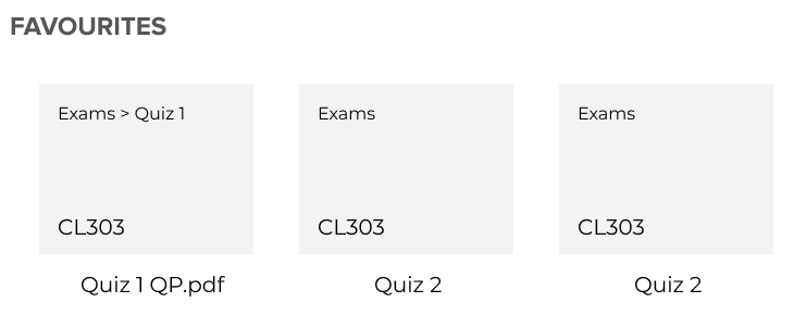 Wireframe: three grey favourite boxes with a path and course code