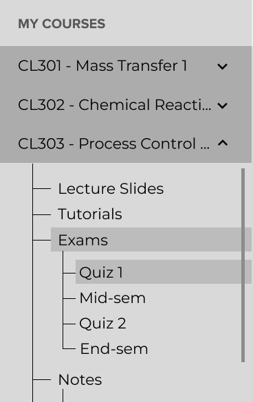 Wireframe: a grey course list with an expanded tree for CL303