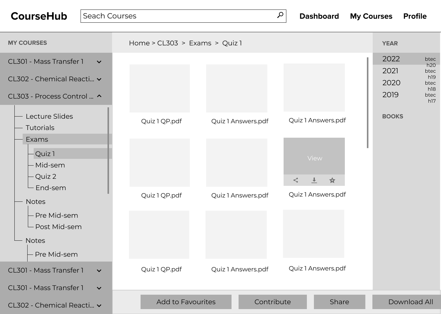 Browse wireframe: course tree on the left, files of Exams, Quiz 1 in the middle with hover controls, years on the right and actions along the bottom.